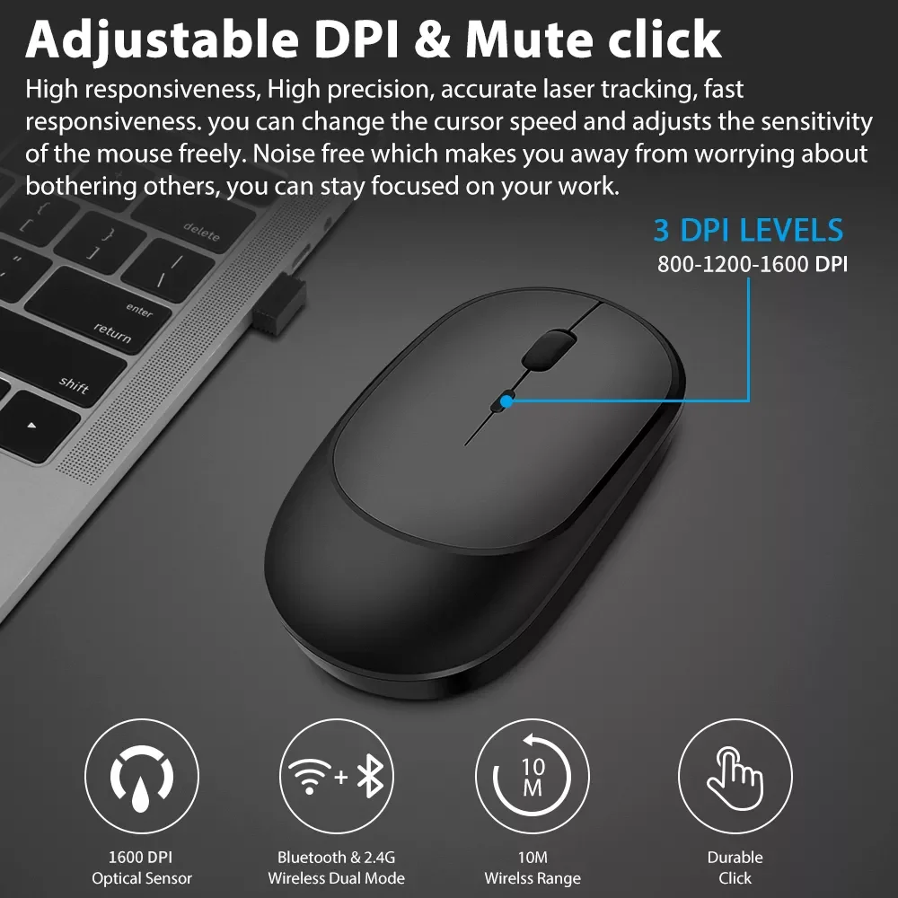 

2022 Trend Bluetooth Mouse for MacBook PC iPad Computer Rechargeable Dual Modes Bluetooth 4.0 + USB mouse with 3 Adjustable DPI