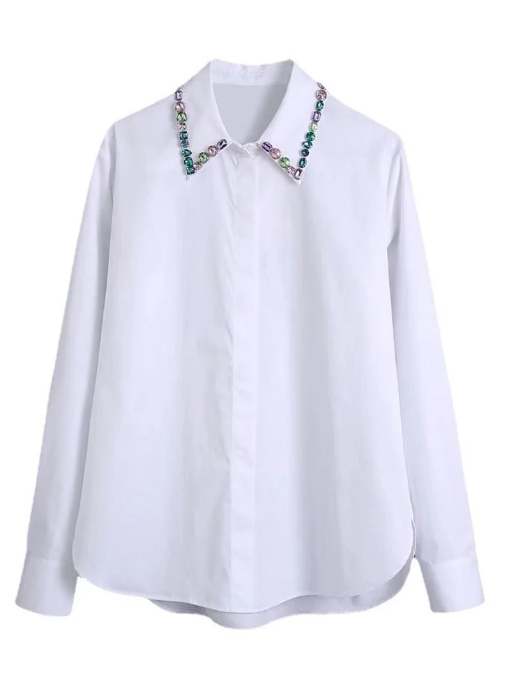 

MESTTRAF Sexy 2022 Women Artificial Bejewelled Embellished Neckline Poplin Shirts Retro Long Sleeve Button-up Blouses