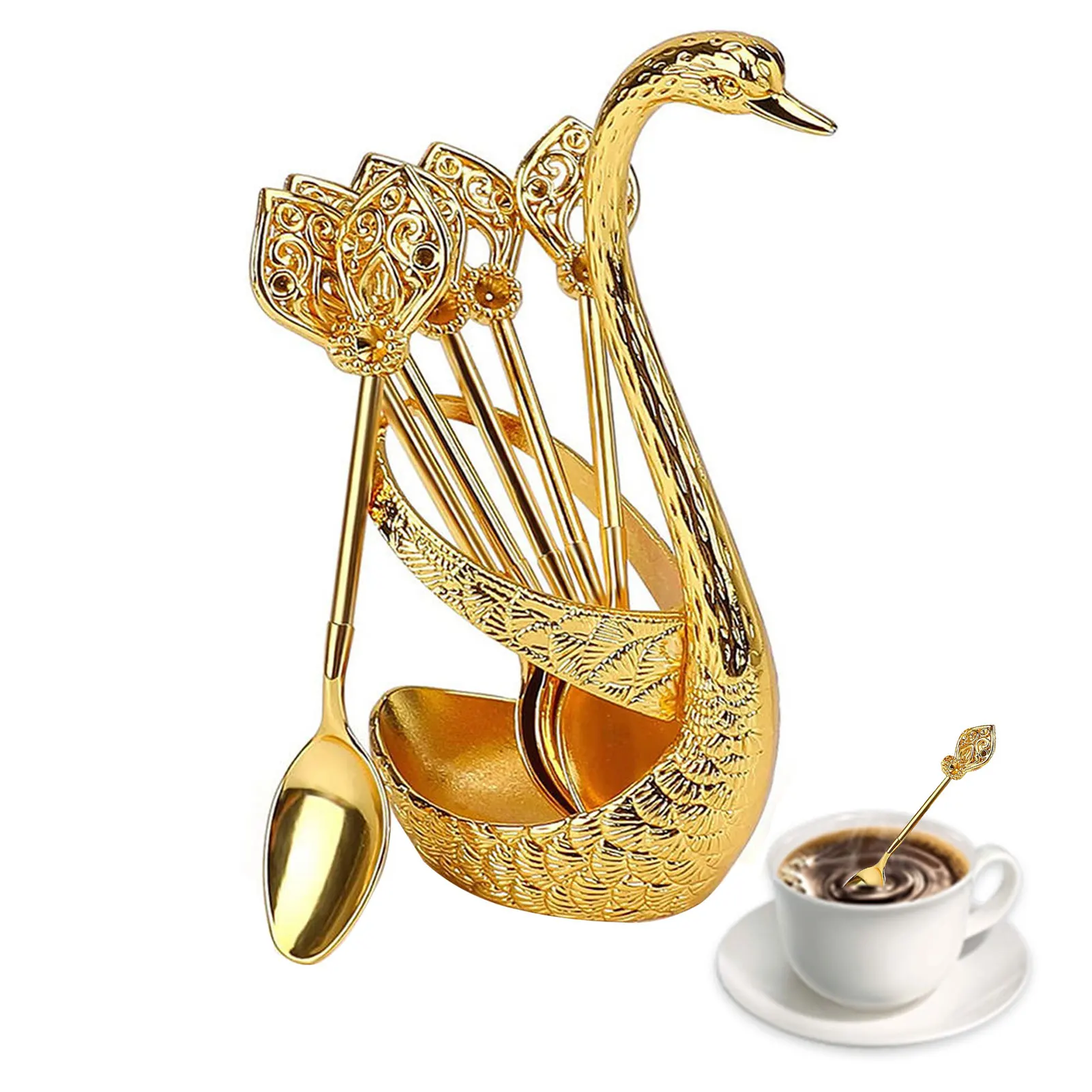 

6pcs Swan Fork Coffee Spoon Holder Home Decoration Fruit Dessert spoon Swan Base Holder Ice Cream Spoons Teaspoons Dessert Spoon