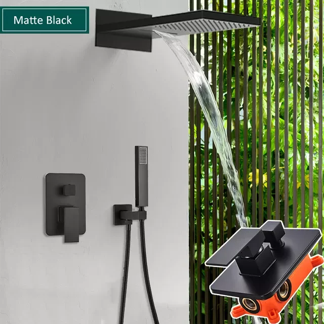 

Matte Black Shower Faucet Rainfall Waterfall Shower Head With Handshower Concealed Shower System Embedded Box Bath Shower Faucet
