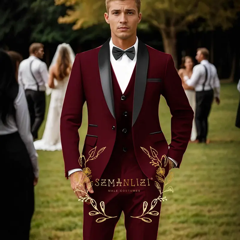 Фото Формальные темно-зеленые мужские костюмы Slim Fit из 3-х предметов смокинг жениха с шалью и лацканами Блейзер Брюки Комплект свадебных женихов Выпускной Мужская мужская одежда №2