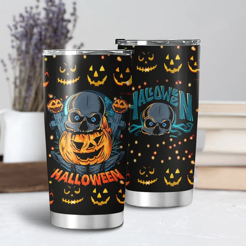 

20oz Sugar Skull Witch Pumpkin Halloween Tumbler Cup with Lid Double Wall Vacuum Thermos Insulated Coffee Mug Cup for Travel