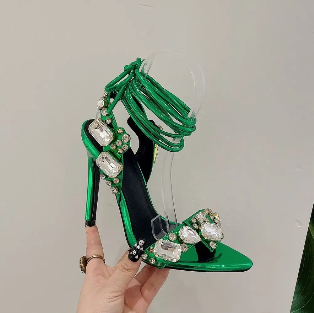 Xibeilove 2023 Summer Women's Sexy Luxury Pointed Rhinestone Strap Green Sandals Party Club High Heels Wedding Bridal Shoes