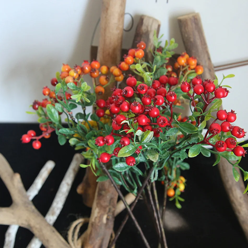 

3pc Artificial Christmas Berry Bean Branch Red Bouquet Home Decor Wedding Road Lead Flower Wall Fake Plants Christmas Decoration