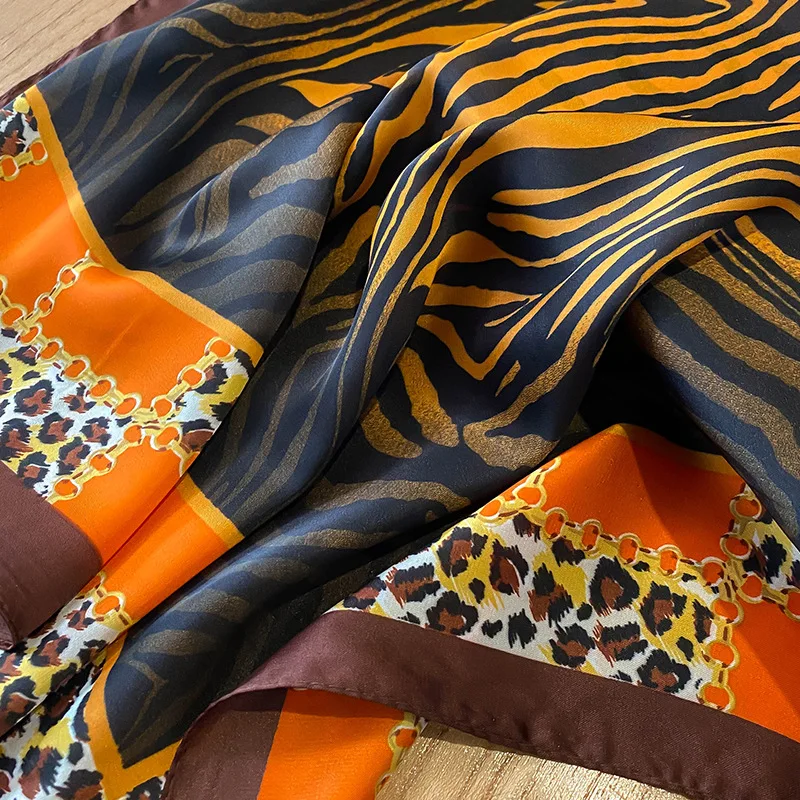 New Satin Shawl Design Wild leopard Print Silk Square Women neck scarves Wrap Headkerchief Beach Hair Band women's bandana images - 6