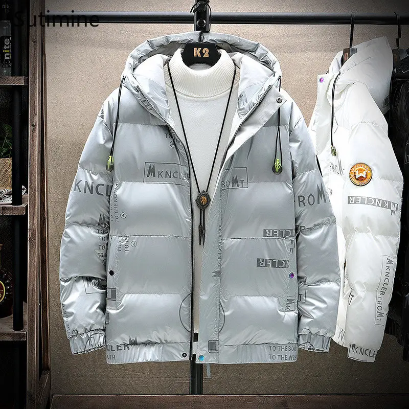 Coat Men Winter Casual Zipper Thickened men's letter bright printed down cotton padded jacket Hooded Loose Winter Coat Men