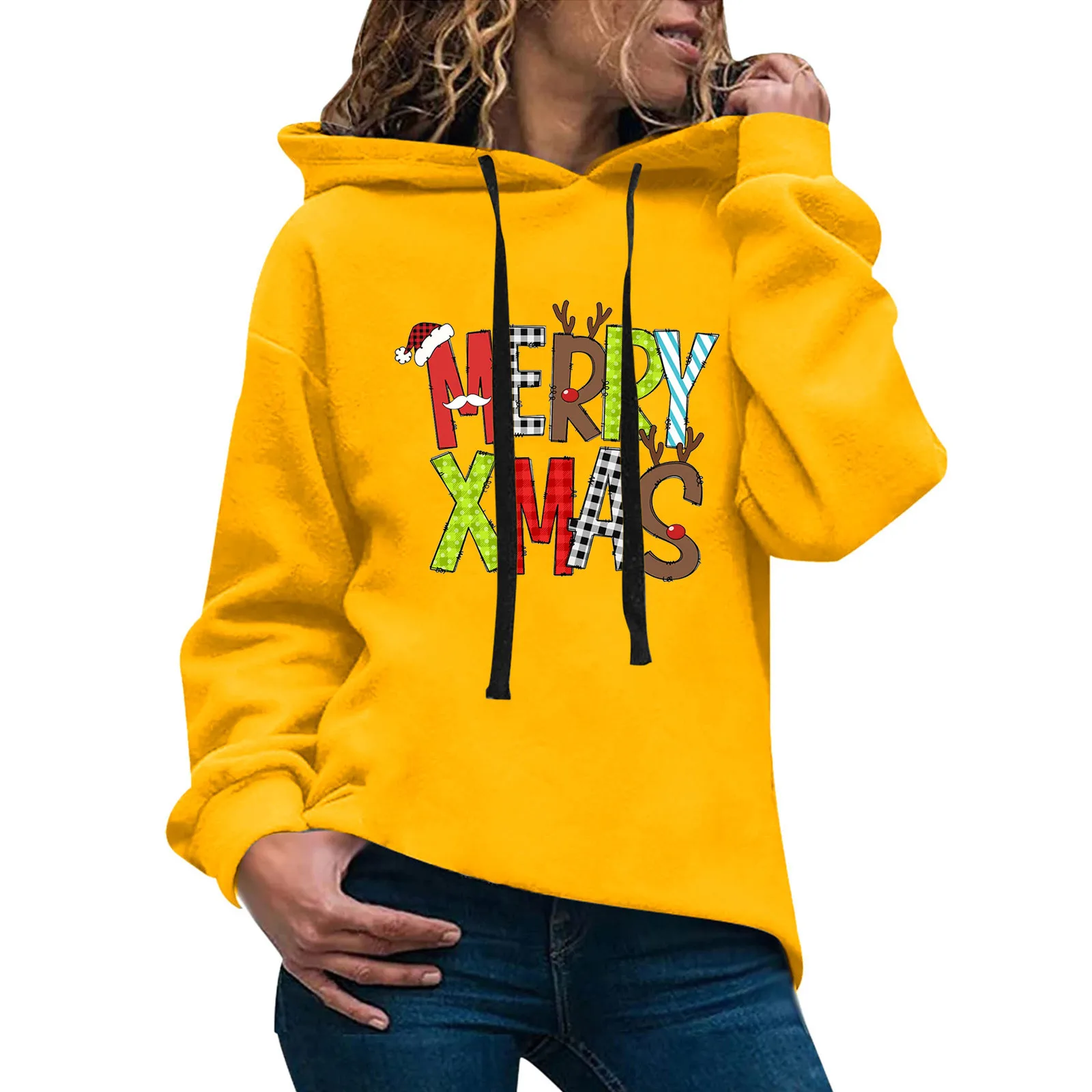 

Women Casual Solid Color Hoodie Christmas Print Long Sleeve Sweatshirt Top with Sleeve