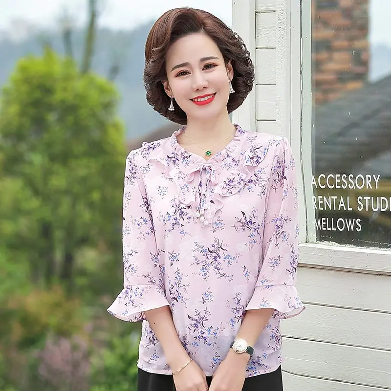 Women Elegant chiffon Tops Women Shirts Print 3/4 Sleeve Korean Style Bow Casual Loose Blouses Blusas 5XL
