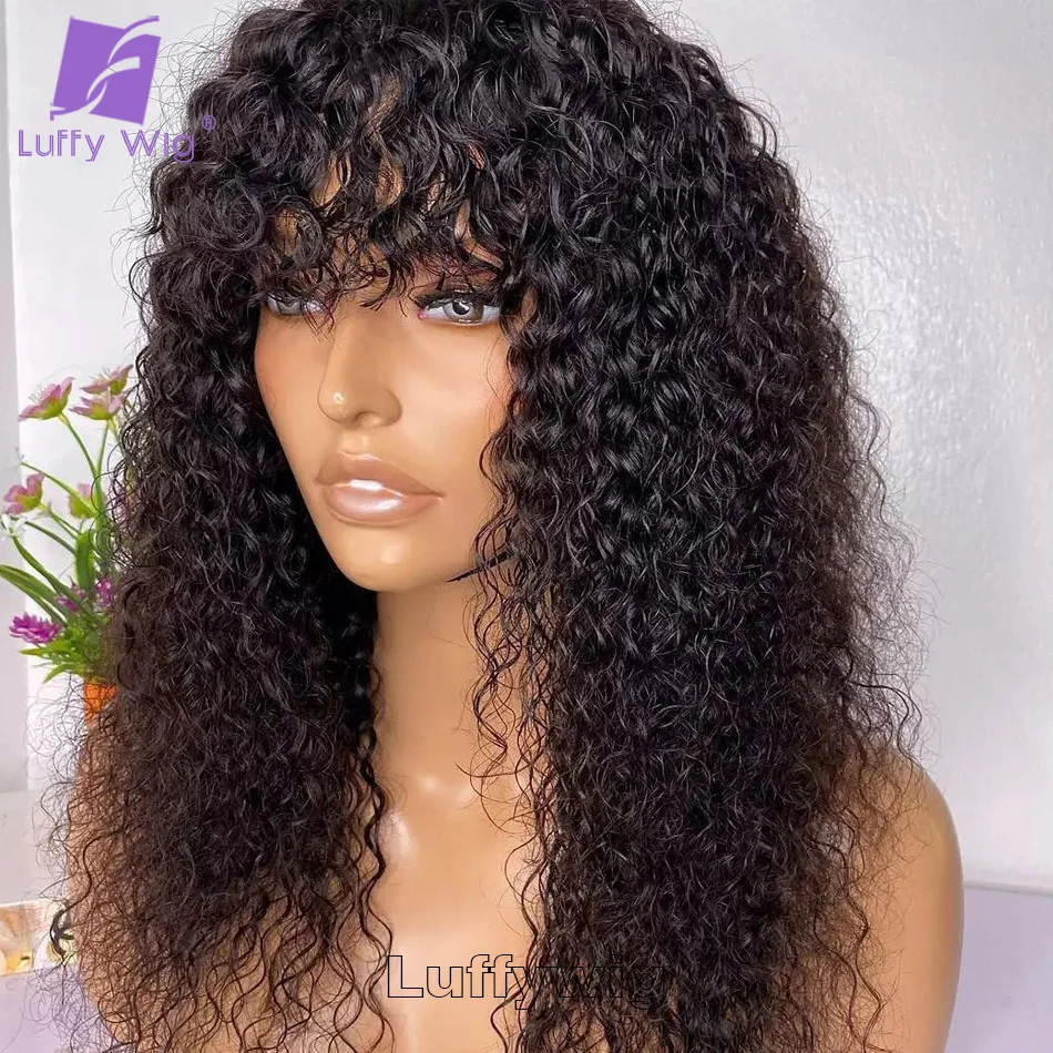 Curly Full Machine Made Scalp Top Wig With Bangs Glueless Remy Brazilian Curly Human Hair Wigs For Women 180 Density Luffywig
