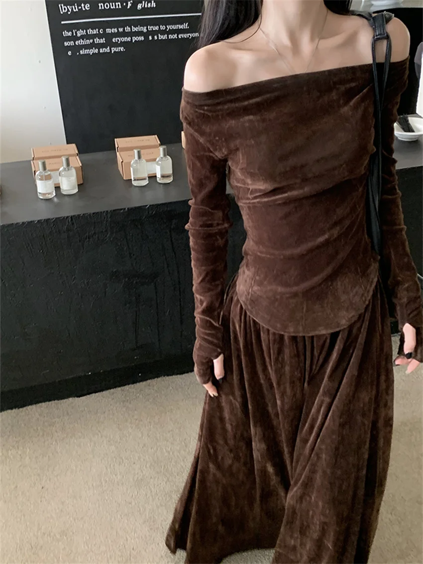 Женский облегающий бархатный костюм PLAMTEE элегантные винтажные Осенние футболки