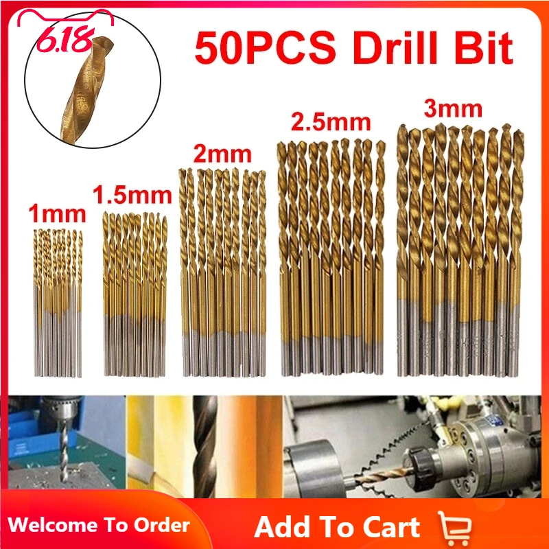 

50Pcs 1/1.5/2/2.5/3mm HSS Titanium Coated Twist Drill Bits High Speed Steel Drill Bit Set Power Tool Accessories