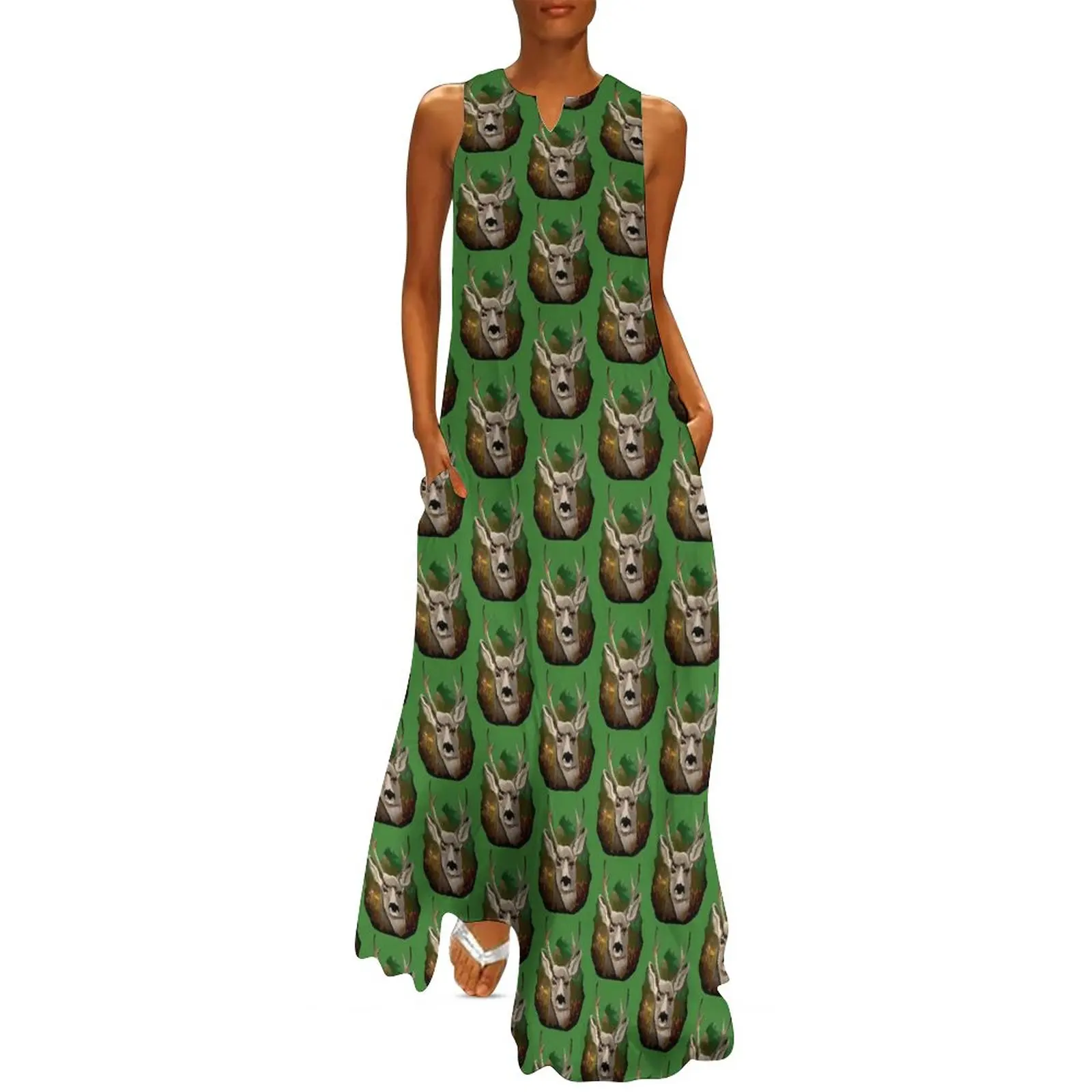 

Deer Print Dress Forest Life Vintage Maxi Dress Street Fashion Casual Long Dresses Womens V Neck Graphic Oversized Vestidos