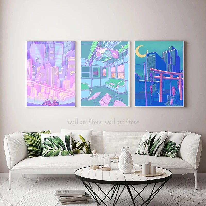 Постер Ночной город в стиле поп киоту башня Осака городская улица полуночная