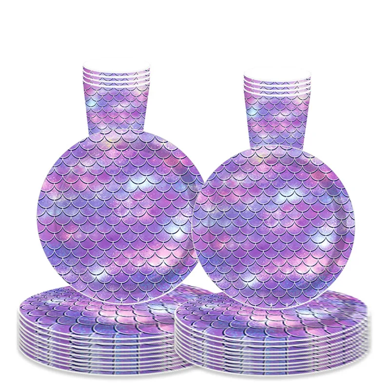 

Одноразовая посуда «русалка» для 8 гостей, тарелки с фиолетовой рыбой, салфетки для девочек, товары для дня рождения с маленькой русалочкой