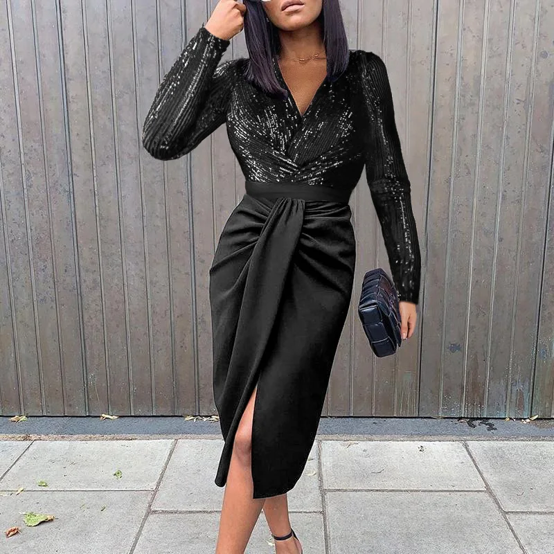 

Spring Fashion Solid Party Dress Elegant Button Long Sleeve Bodycon Dress Fashion Lace Patchwork Belted Mid Dress For Women 2022