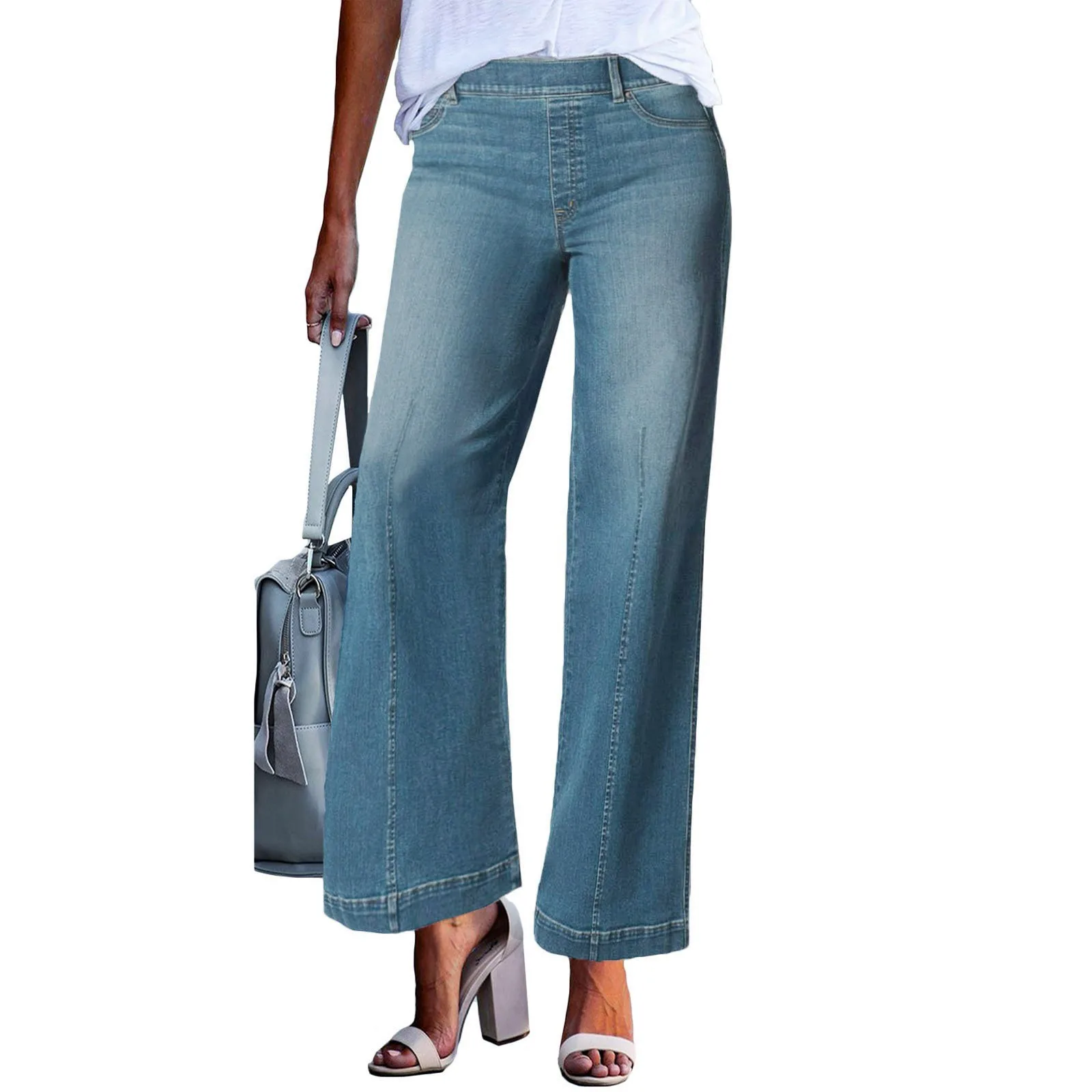 

Женские модные однотонные джинсы с эластичным поясом и карманом, укороченные широкие джинсы