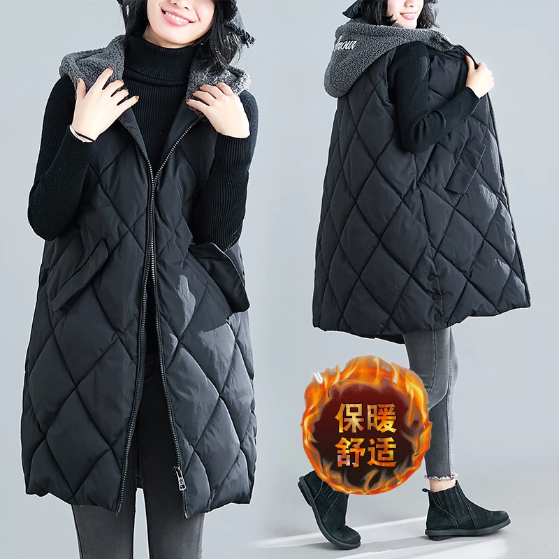 

2022 Winter Lambswool Hooded Vest Women Casual Slim Pocket Zipper Sleeveless Jacket Office Lady Warm Cotton Waistcoat M-XXL