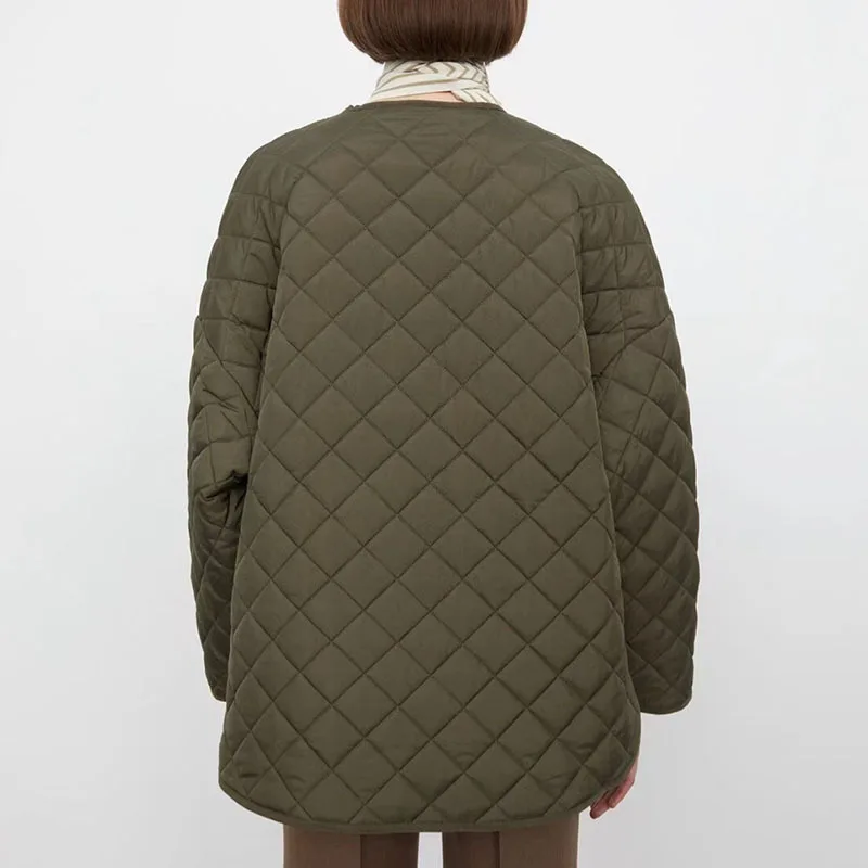 Rhombus Plaid Silhouette Padded Jacket Front Long Back Short Bread Jacket Army Green Padded Jacket