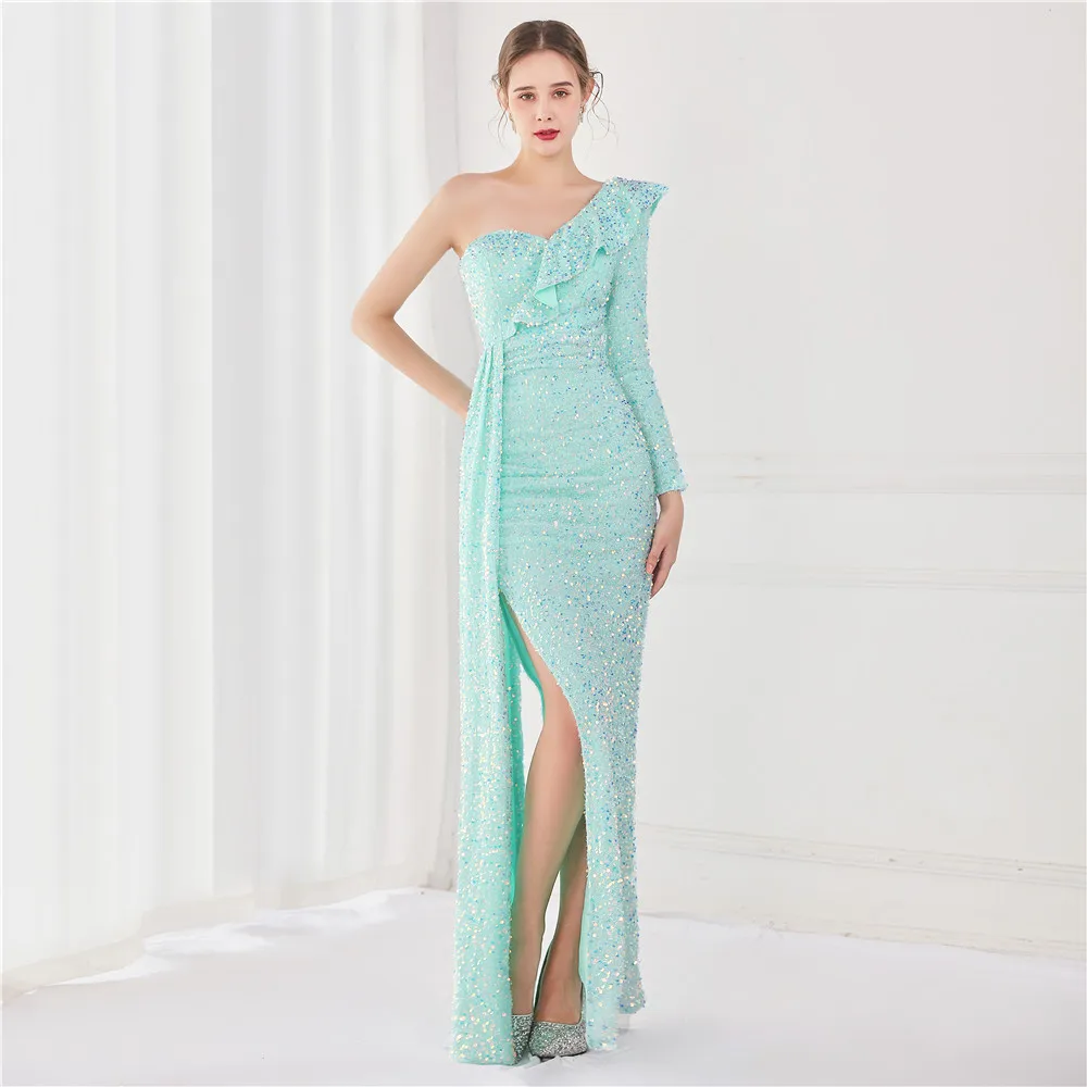 

Beauty-Emily Elegant Shiny Mermaid Evening Dress One Shoulder Long Sleeve Formal Prom Dress With Side Slit Women Floor Length