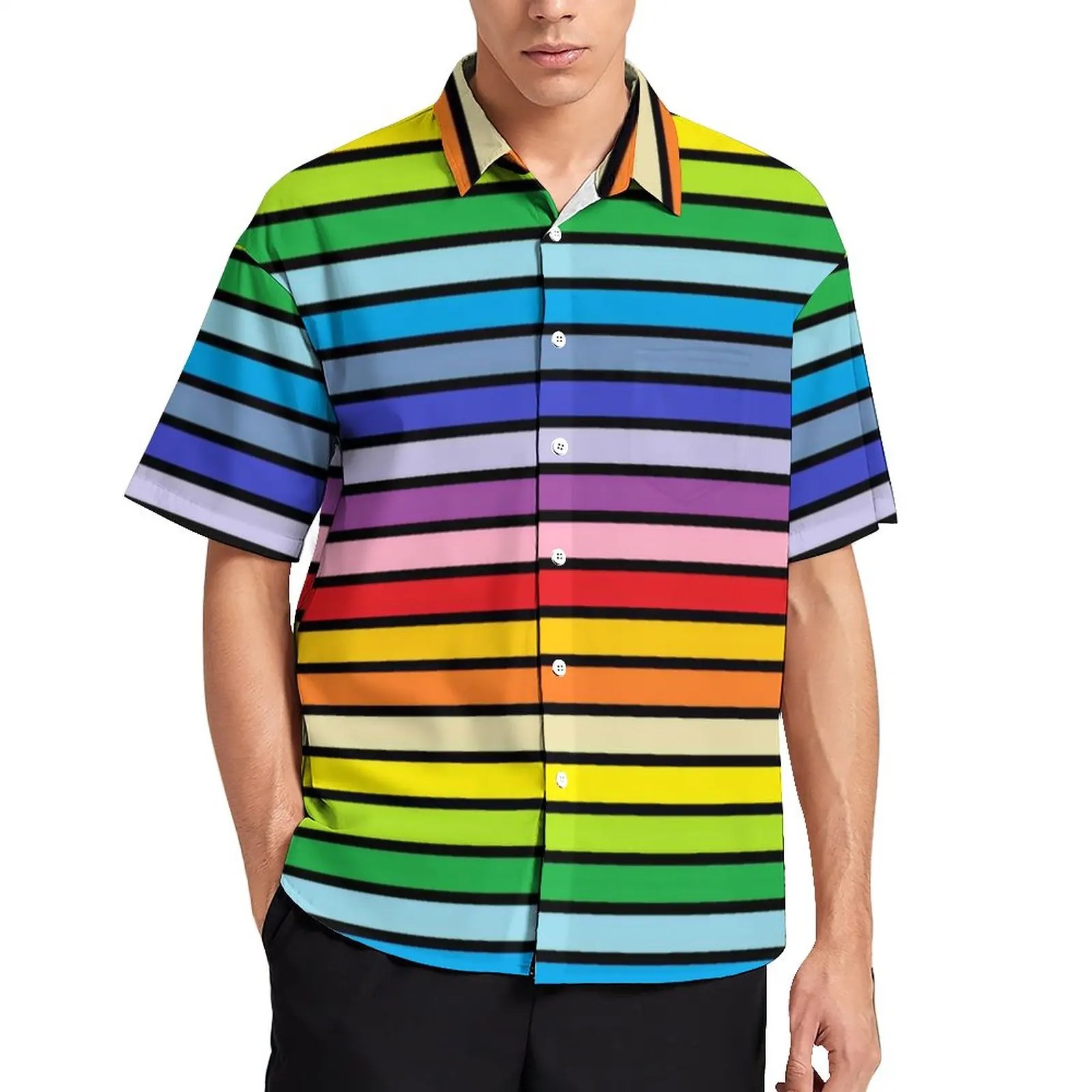 

Rainbow Stripes Loose Shirt Men Vacation Black Outlined Broader Spectrum Casual Shirts Hawaiian Custom Harajuku Oversize Blouses