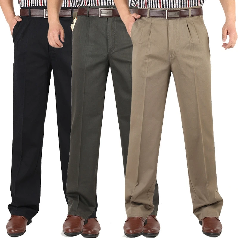 Men's Casual Trousers Men Pants Male Brand Solid Color High Waist Loose Pure Cotton Double Pleat Wrinkle Pant YGSHA65