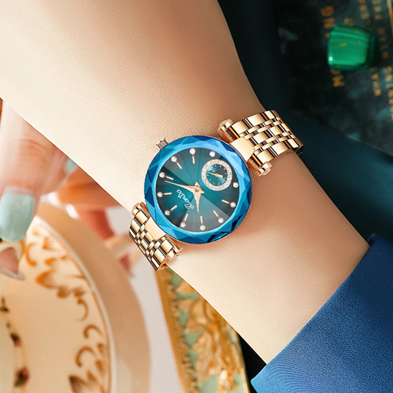 JLANDA Fashion New Luxury Ladies Rose Blue Dial Exquisite Atmosphere Quartz Watch Stainless Steel Strap Waterproof Watches