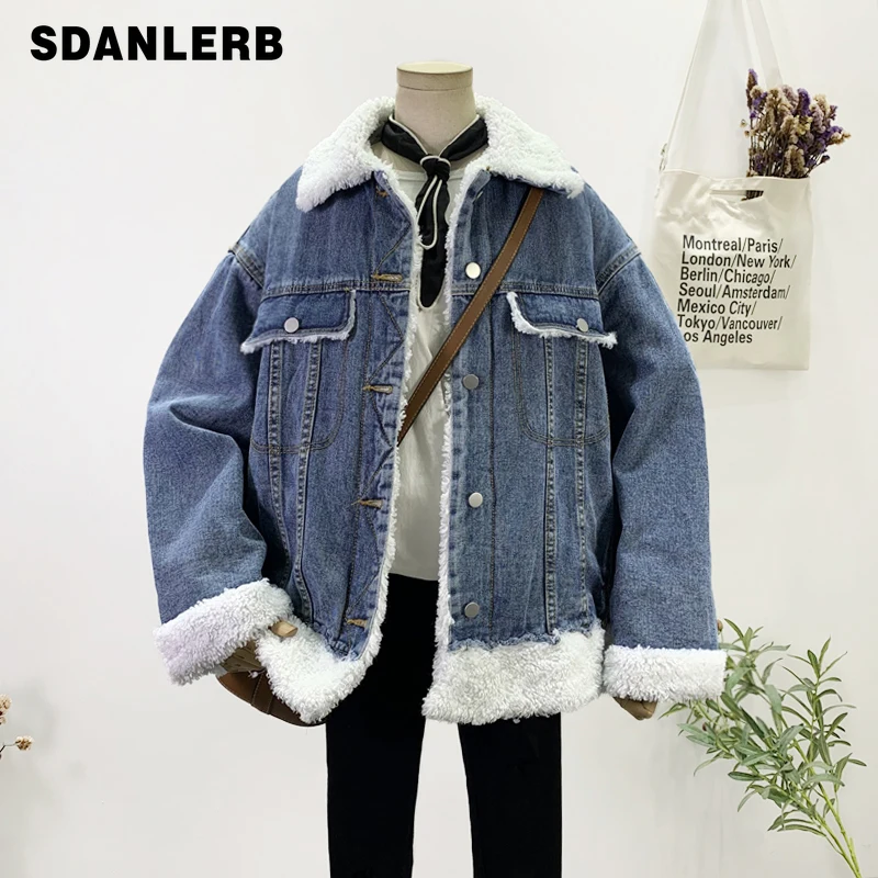

Fleece-Lined Thickening Denim Jacket Women's Street Leisure Loose Jacket Winter Long Sleeve Jean Coat Lamb Wool Cotton Clothes