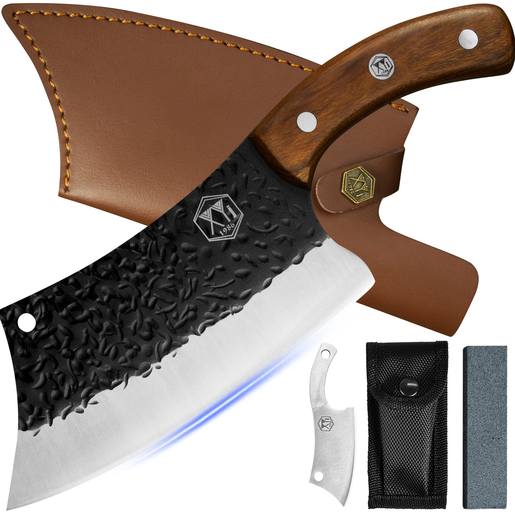 

XYJ 7 Inch Tactical Cleaver Kitchen Ergonomic Wood Handle Hammered Blade Meat Vegetable Fish Cutting Knife With Leather Sheath