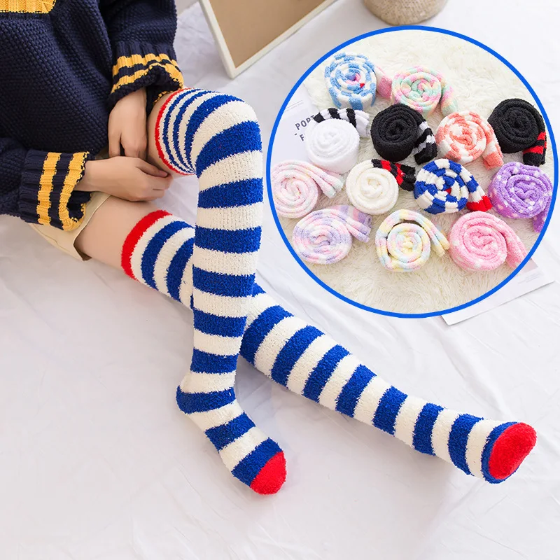 

Harajuku Women's Winter Thick Warm Fuzzy Thigh High Socks Korean Style Striped Polka Dot Slipper Sexy Above Knee Socks For Girls