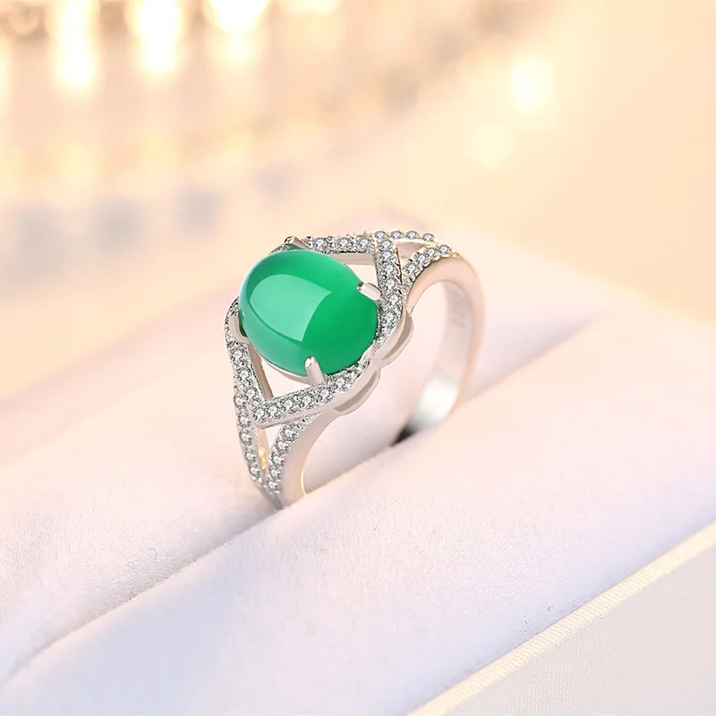 

Natural Green Chalcedony Hand Carved Water Drop Jade Ring Fashion Boutique Jewelry Women's Agate Bead Ring Opening Adjustable