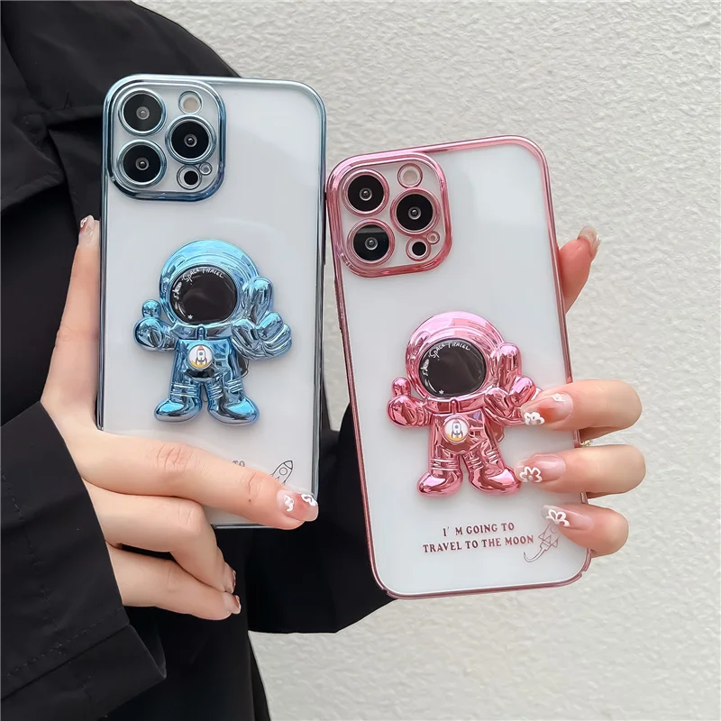 

Magnetic astronaut stand clear electroplated case for iphone 13 11 12 pro max x xr xs max Camera lens protector glass cover