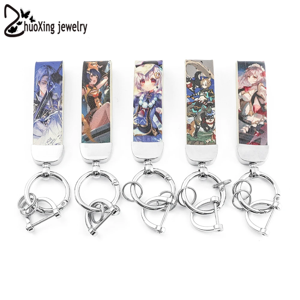 

New Genshin Impact Leather Keychain Anime Figure Kaedehara Kazuha Ganyu Printing Leather Keyrings Backpack Ornament Key Holder