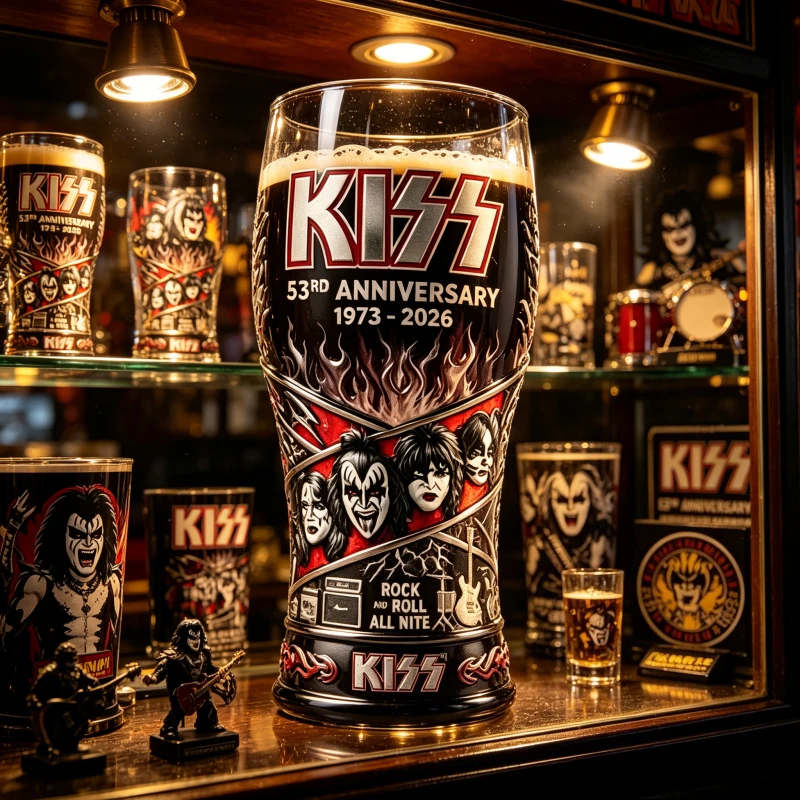 Стеклянный стакан в винтажном стиле с 3D-рельефным логотипом рок-группы KISS к 53-летию группы (1973-2026) для любителей музыки (art.: 3920da3ccbdfb) - 3920da3ccbdfb