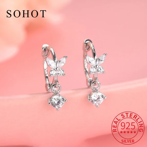 Настоящее серебро 925 пробы с бабочкой и цирконием серьги-кольца для женщин милые