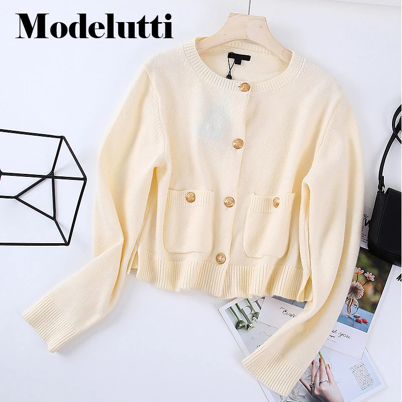 

Modelutti 2023 New Spring Autumn Fashion Knitted Sweater Single-breasted Cardigans Women Solid Color Simple Casual Tops Female