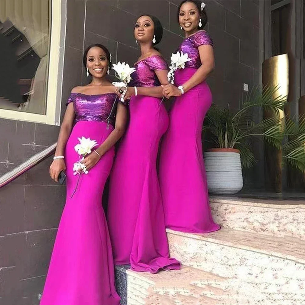 

Hot Pink Mermaid Bridesmaid Dresses For South African Black Girls Wedding Party Gowns Sequined Boat Neck