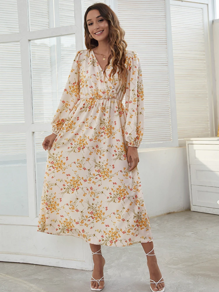 

Женское платье с V-образным вырезом, длинным рукавом и принтом