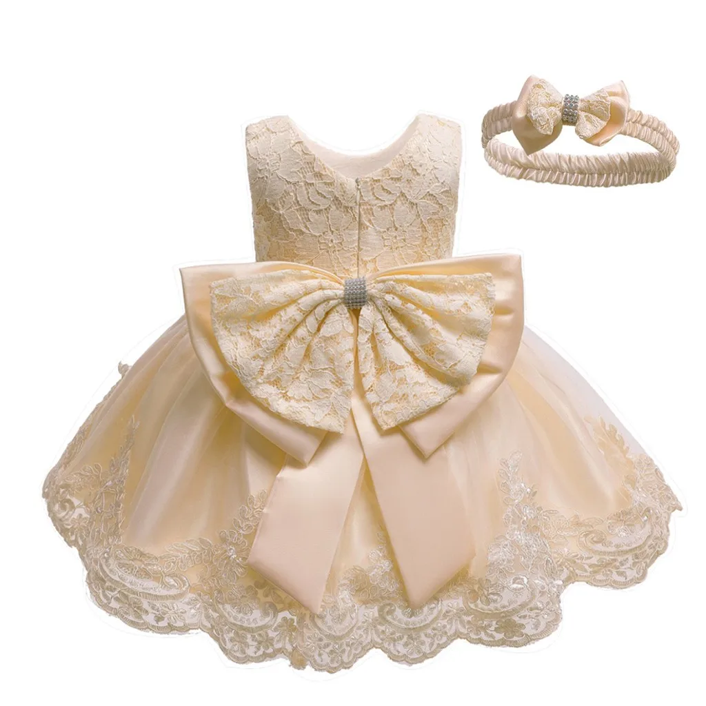 

New Born Baptism Clothes Formal Dresses Infant Baby Girls Lace Bowknot Tutu Princess Dress With Headband Christmas Ball Gowns