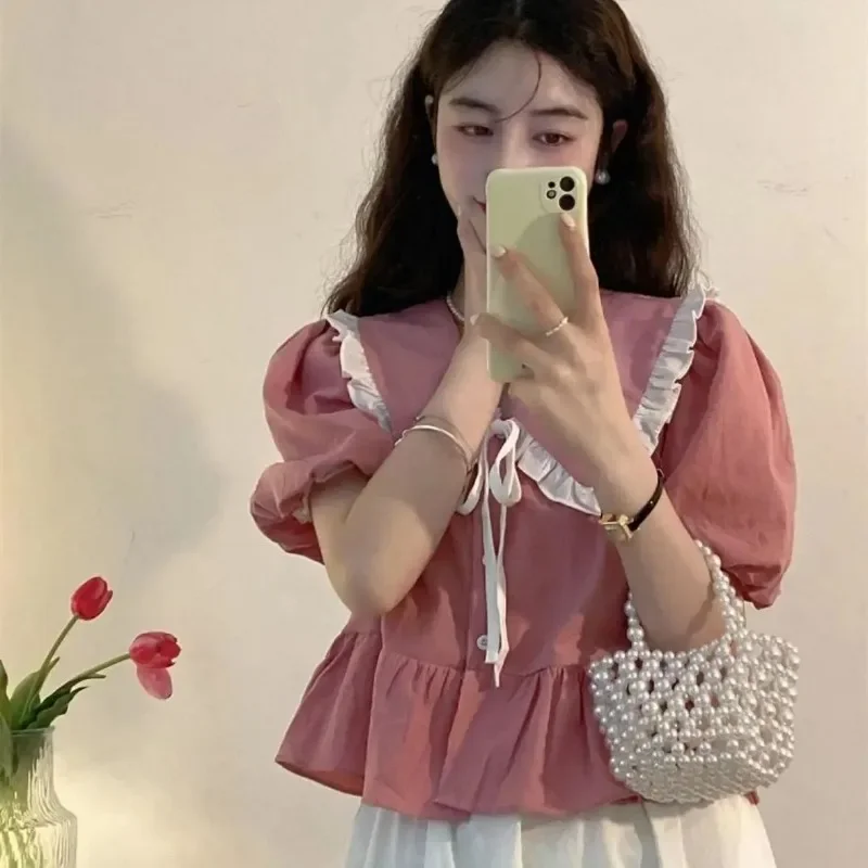 Рубашка с милым бантом и кукольным вырезом Blusas Mujer De Moda 2024 Verano летний укороченный