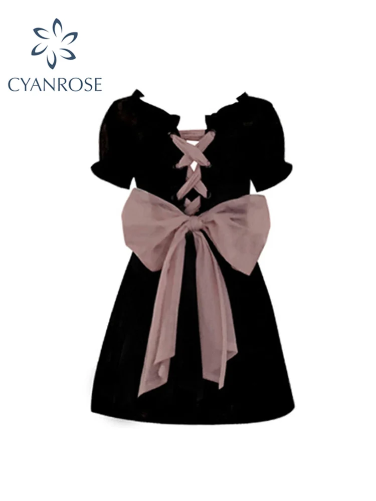 

Women's Summer Dress Bow Puff Short Sleeve Fashion Elegant Ladies Black Kawaii A Line Mini Dress High Waist Sexy Cute Sundress