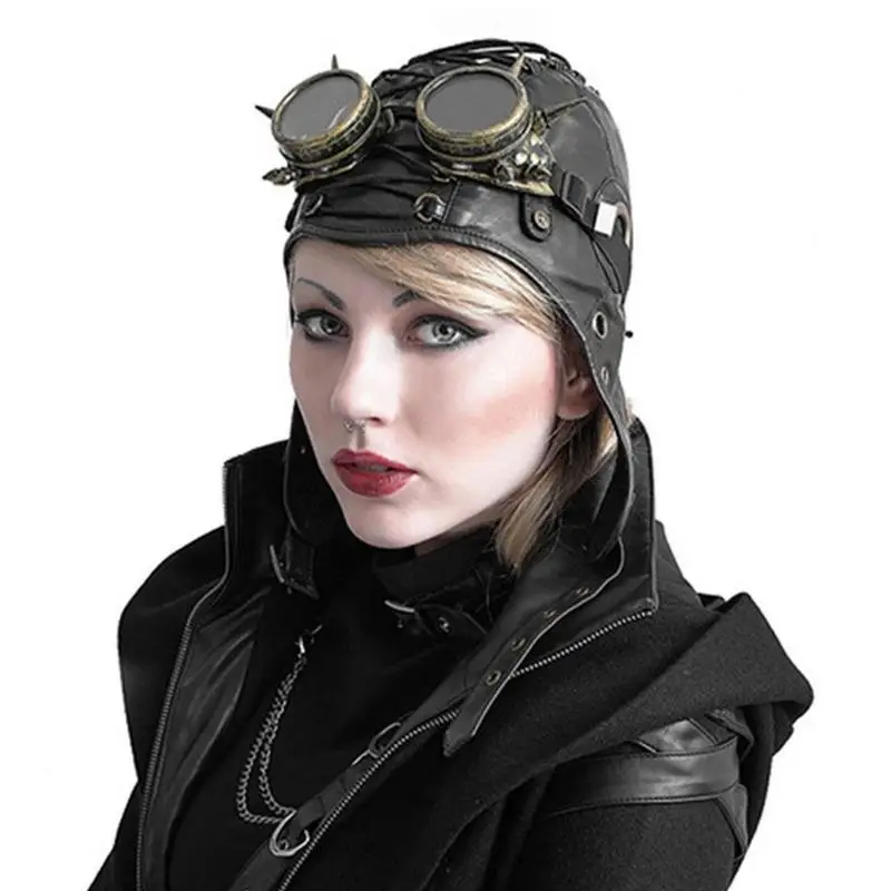 

Pilot Hat Costume Steampunk Pilot Glasses Hat Soft Leather Airplane Hat For Role-play Music Festival Costume Party