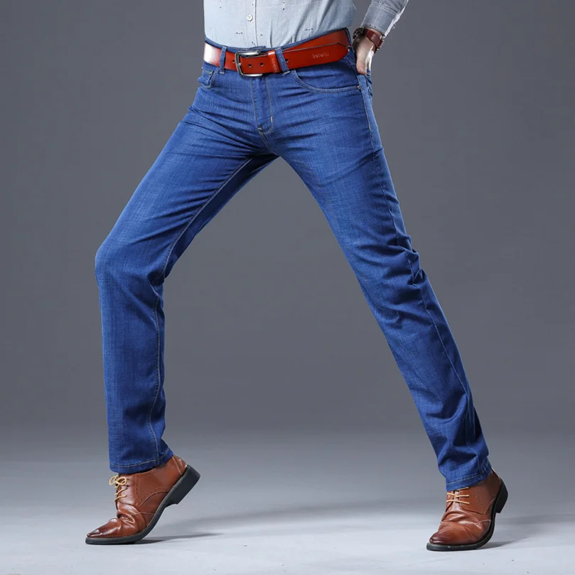 Эластичные джинсы мужские однотонные прямые деловые повседневные джинсовые