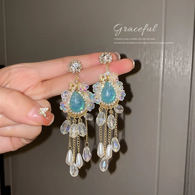 

925 Silver Pin European And American Diamond-encrusted Crystal Pearl Tassel Earrings Long Pendant Elegant Vintage Desig