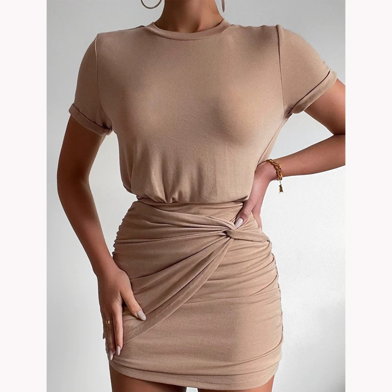 

Women's O-Neck Slim Pleated Mini Dress New Nightclub Dress Short Dress Women Sexy Tight Bag Hip Dress