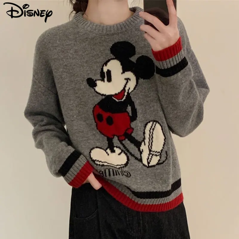 Фото Новое поступление от Disney: модные повседневные хлопковые свитера в полоску с Микки Маусом, осенне-зимние толстые плюшевые свитера с круглым вырезом №2