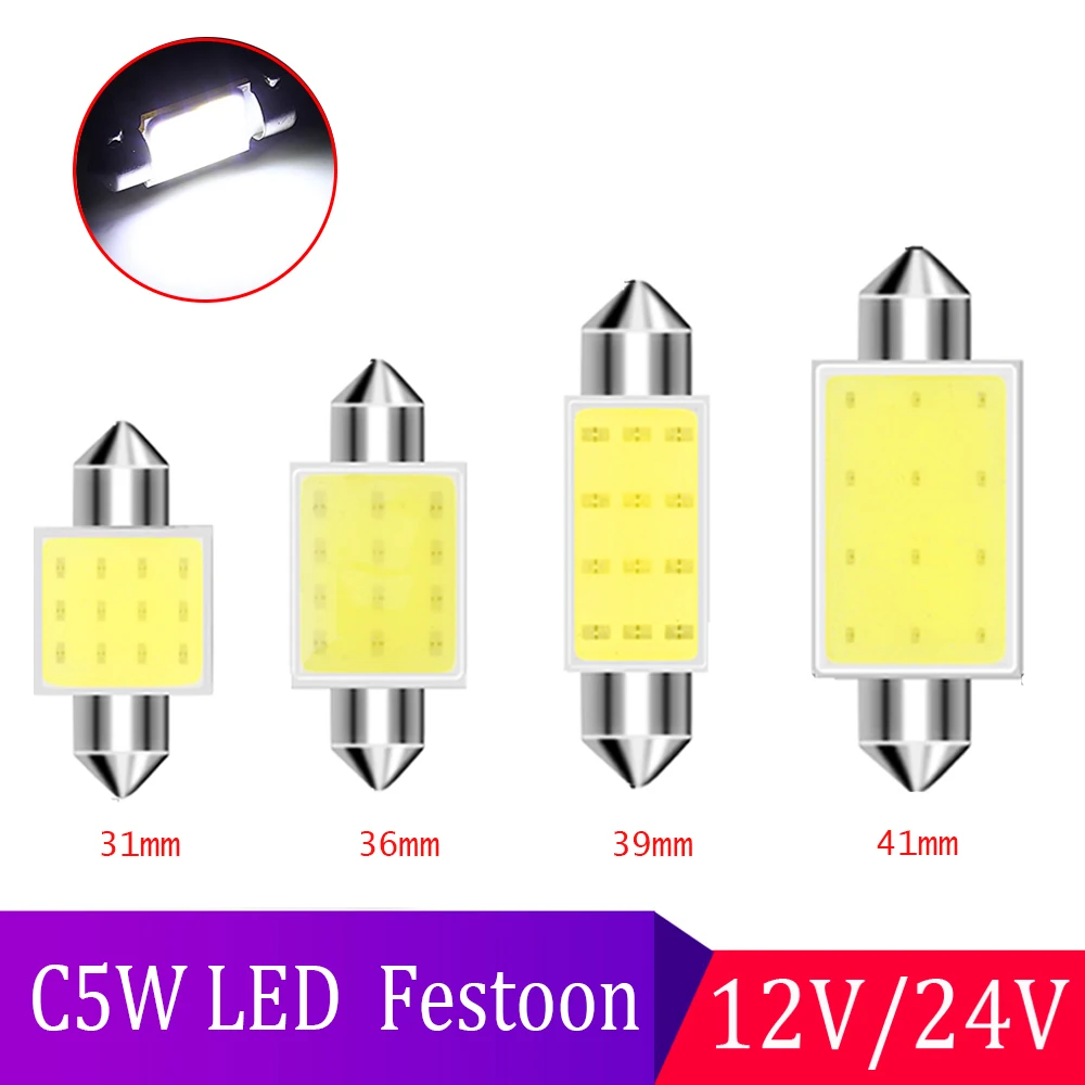 

10Pcs White COB C5W Car Auto Festoon Dome Interior LED Lights Lamp Map Roof Reading Bulb DC12V 31/36/39/41MM Wholesale