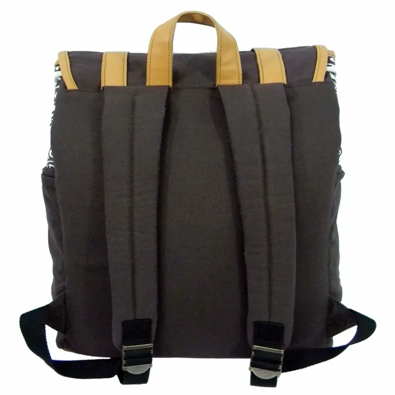 K-Cliffs Unisex Canvas Printed Laptop Backpack in Black/Grey with Brown Trim