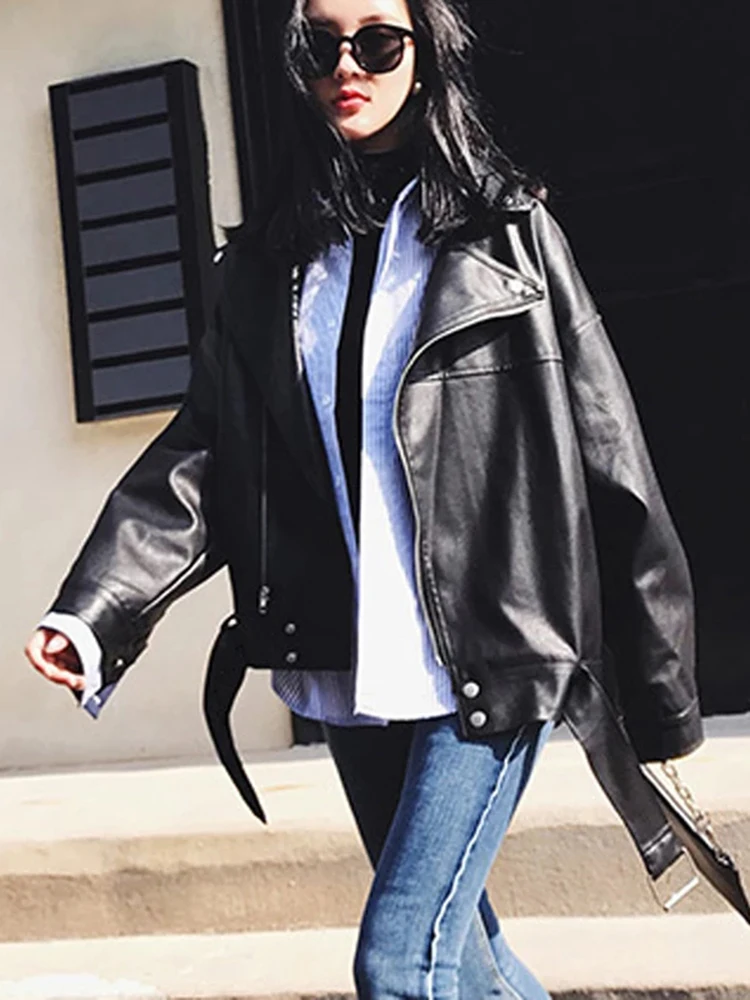 Sungtin Women Loose Pu Leather Jacket Black Soft Faux Leather Jacket Street Moto Biker Leather Coat Jacket Lady Casual Outerwear