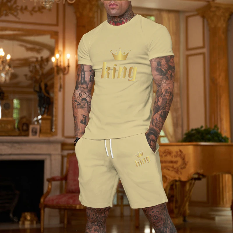 

Solid Print Crown King T-shirts Shorts 2 Piece Set Summer Clothes for Men Jogger Outfit Men's Sports Suits Oversized Tracksuit