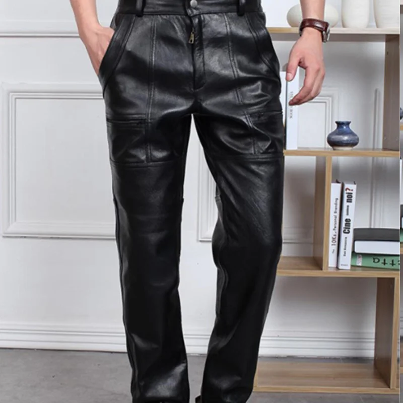 Leather Pants Men's Autumn Winter Large Size Casual Thicken Motorcycle Real Cowskin Pants Windproof Genuine Leather Trousers